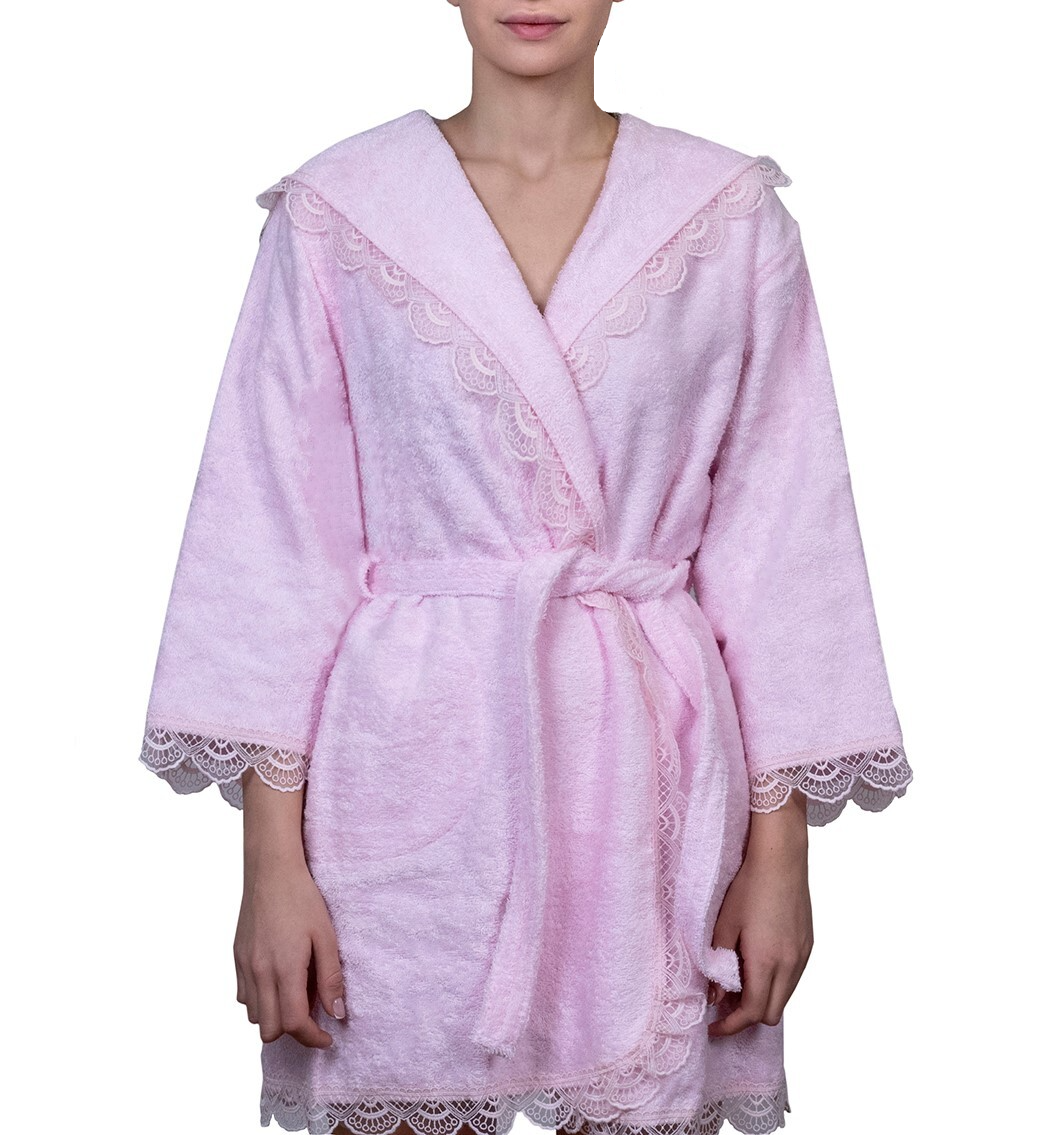 Adults Bathrobe with Lace Detail in Blush Pink