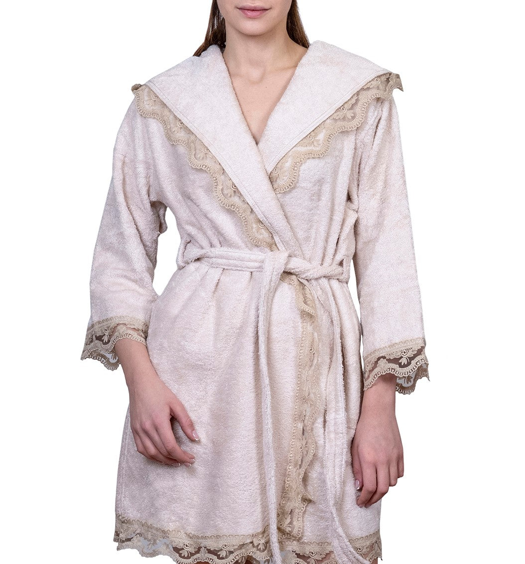 Adults Bathrobe with Lace Detail in Bone